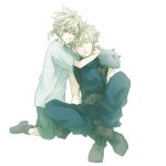  2boys aged_down armor arms_around_neck bad_source belt bisuko blonde_hair blue_eyes blue_pants blue_sweater boots brown_footwear closed_eyes cloud_strife crossed_legs crying final_fantasy final_fantasy_vii frown full_body green_pants head_on_another&#039;s_shoulder kneeling looking_to_the_side low_ponytail male_focus multiple_boys pants pauldrons sad shirt short_hair short_ponytail shoulder_armor simple_background single_pauldron sitting sleeveless sleeveless_sweater sleeveless_turtleneck spiked_hair suspenders sweater third-party_source time_paradox turtleneck turtleneck_sweater white_background white_shirt 
