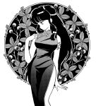  1girl armlet china_dress chinese_clothes dress floral_background greyscale highres long_hair looking_to_the_side monochrome non-web_source official_art profile ranma_1/2 shampoo_(ranma_1/2) side_slit sidelocks sleeveless sleeveless_dress solo standing takahashi_rumiko 