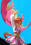  1girl animal_ears arm_up cape clenched_hand crown from_below highres horse_ears horse_girl horse_tail mini_crown nanaheibei_3 neck_ribbon orange_hair orange_tail pink_cape pink_ribbon pink_skirt purple_eyes ribbon short_hair skirt solo t.m._opera_o_(umamusume) tail two-tone_skirt umamusume white_skirt 