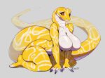  anthro big_breasts breasts claws emmyliquid featureless_breasts female fingerless_(marking) fingers hi_res male markings pupils red_sclera reptile scales scalie simple_background slit_pupils snake solo tail white_body white_scales yellow_body yellow_scales 