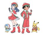  1boy 1girl :d alternate_costume ash_ketchum bangs black_hair black_legwear blue_eyes blush boots buttons capelet christmas clenched_hand clothed_pokemon commentary_request dawn_(pokemon) dododo_dadada eyelashes fingerless_gloves gen_1_pokemon gen_4_pokemon gloves hand_on_hip hand_up hat jacket long_hair open_mouth pants pikachu piplup pokemon pokemon_(anime) pokemon_(creature) pokemon_dppt_(anime) red_capelet red_footwear red_headwear red_jacket red_pants ribbon shirt short_hair skirt smile socks spiked_hair standing tongue 