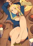  1girl areola_slip barefoot belt blonde_hair blue_capelet brown_belt capelet commentary dungeon_meshi elf english_commentary english_text feet green_eyes highres holding holding_staff long_hair looking_at_viewer lying marcille_donato on_back on_table open_mouth parted_bangs pointy_ears solo squeezable_(squeezabledraws) staff subtitled table wooden_table 