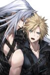 2boys anger_vein annoyed armor black_coat black_gloves black_vest blonde_hair chest_strap closed_eyes cloud_strife coat enshou_(namarien) final_fantasy final_fantasy_vii final_fantasy_vii_advent_children furrowed_brow gloves green_eyes grey_hair hand_in_another&#039;s_hair hand_up high_collar highres long_bangs long_hair looking_down male_focus multiple_boys open_clothes open_coat open_mouth parted_bangs parted_lips pauldrons sephiroth short_hair shoulder_armor shoulder_strap simple_background single_pauldron smile spiked_hair upper_body very_long_hair vest white_background yaoi 