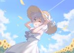  1girl :o bangs bare_shoulders blue_eyes blue_sky cloud cloudy_sky dress flower hair_between_eyes hat highres holding holding_clothes holding_hat honkai_(series) honkai_impact_3rd looking_at_viewer one_eye_closed open_mouth petals side_ponytail sky solo straw_hat sundress sunflower theresa_apocalypse velcozz white_dress white_hair 