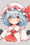 1girl ascot bat_wings blush closed_mouth grey_background grey_hair hat hat_ribbon highres looking_at_viewer mob_cap pocche-ex red_ascot red_eyes red_ribbon remilia_scarlet ribbon short_hair short_sleeves simple_background solo touhou upper_body white_hat wings 