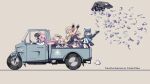  6+girls :d animal_ear_fluff animal_ears ayane_(blue_archive) bag balaclava banknote black_hair black_jacket black_sailor_collar blazer blue_archive blue_eyes blue_necktie blue_scarf brown_hair car cardigan cat_ears cat_girl collared_shirt commentary_request driving english_text foreclosure_task_force_(blue_archive) glasses grey_hair hair_between_eyes hair_bun hair_ornament hairclip halo heterochromia hifumi_(blue_archive) highres holding holding_bag hoshino_(blue_archive) jacket long_hair long_sleeves looking_at_another mask mask_on_head medium_hair mismatched_pupils money motor_vehicle multiple_girls neckerchief necktie nonomi_(blue_archive) open_cardigan open_clothes pink_hair pointy_ears red_eyes sack sailor_collar scarf school_uniform serafuku serika_(blue_archive) shiroko_(blue_archive) shirt short_hair shoulder_strap sidelocks simple_background single_side_bun smile steering_wheel suitcase twintails weapon white_serafuku white_shirt wind wing_hair_ornament wolf_ears wolf_girl yellow_cardigan yellow_eyes yellow_neckerchief yukimi_unagi 
