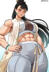  1girl abs absurdres asian bare_shoulders biceps black_eyes black_hair blush breasts capcom chun-li cleavage clothing_cutout cowboy_shot cromwellb crop_top dangle_earrings earrings english_commentary eyelashes eyeshadow grey_pants hair_bun hand_on_own_hip high_ponytail highres jewelry large_breasts lips long_hair looking_at_viewer looking_down makeup midriff muscular muscular_female navel pants parted_lips ponytail shirt simple_background sleeveless solo standing street_fighter thick_thighs thighs toned toned_female twitter_username white_background white_shirt wristband 