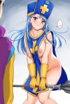  ... 1boy 1girl blue_hair blue_headwear blue_tabard blush breast_squeeze breasts covering covering_crotch dragon_quest dragon_quest_iii embarrassed gloves holding holding_staff holding_weapon large_breasts leaning_forward long_hair looking_at_viewer looking_away looking_to_the_side mace mitre naked_tabard nipples priest_(dq3) red_eyes roto sideways_glance solo_focus spoken_blush spoken_ellipsis staff tabard tabard_tug tsukimoto_kizuki weapon yellow_gloves 