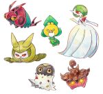  absurdres bob_cut bug dress elbow_gloves gardevoir ghost gloves green_hair highres leaf mega_gardevoir mega_pokemon open_mouth painting_(medium) pink_eyes pokemon pokemon_(creature) pumpkaboo sewaddle simple_background spewpa swadloon totennko traditional_media venipede watercolor_(medium) white_background white_dress white_eyes white_gloves yellow_eyes 