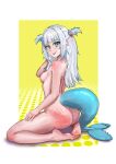  1girl ass barefoot blue_eyes breasts completely_nude feet fins fish_tail gawr_gura grey_hair hair_ornament handprint heart highres hololive hololive_english legs long_hair looking_at_viewer looking_back mikexyil nipples nude shark_girl shark_hair_ornament shark_tail sharp_teeth simple_background slap_mark small_breasts smile soles solo tail tan tanlines teeth toes two_side_up virtual_youtuber 