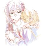  blonde_hair blue_jacket collared_shirt glasses green_eyes grey_hair hair_ornament hair_over_one_eye heaven_burns_red hug interlocked_fingers izumi_yuki_(heaven_burns_red) jacket kayamori_ruka long_hair necktie opi ribbon round_eyewear school_uniform shirt short_hair white_shirt yuri 