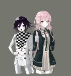  1boy 1girl :o black_hair black_jacket black_shirt brown_background brown_hair brown_skirt buttons checkered_clothes checkered_scarf cropped_legs danganronpa_(series) danganronpa_2:_goodbye_despair danganronpa_v3:_killing_harmony double-breasted dress_shirt flipped_hair grey_jacket grey_pants grey_shirt hair_between_eyes hand_on_own_hip highres jacket medium_hair miniskirt nanami_chiaki neck_ribbon oma_kokichi open_clothes open_jacket pants pink_eyes pink_ribbon pleated_skirt ribbon scarf shirt shirt_tucked_in shushuk_tlqkf simple_background skirt smile teeth 