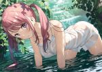  ass dress kantoku kurumi_(kantoku) long_hair original pink_hair purple_eyes see_through summer_dress twintails water waterfall wet 
