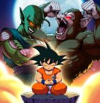  2boys absurdres antennae ape black_hair body_fur brown_fur child closed_eyes colored_sclera colored_skin dougi dragon_ball dragon_ball_(classic) fangs full_moon glowing glowing_eyes goku_day green_skin highres male_focus meditation monkey moon multiple_boys muscular muscular_male oozaru open_mouth orange_pants orange_shirt pants pea-bean piccolo_daimaou pointy_ears red_eyes red_sclera shirt spiked_hair 