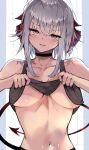  1girl :p arknights black_choker breasts choker collarbone commentary_request demon_tail grey_hair highres horns kyuu_(plastic_night_q) lifted_by_self looking_at_viewer medium_breasts medium_hair navel orange_eyes red_horns solo stomach tail tongue tongue_out underboob w_(arknights) 