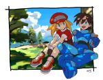  1boy 1girl against_tree armor blonde_hair blue_armor blurry blurry_background bottle brown_hair cabbie_hat cloud cropped_jacket full_body green_eyes hat highres holding holding_bottle jacket looking_at_another looking_up medium_hair mega_man_(series) mega_man_legends_(series) mega_man_volnutt nature red_hat red_jacket red_shorts roll_caskett_(mega_man) short_hair shorts sitting sky touhou3939 tree 