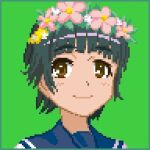  1girl black_hair blue_sailor_collar border brown_eyes closed_mouth commentary_request flower flower_on_head flower_wreath green_background green_border head_wreath jx7d-kjm leaf looking_at_viewer lowres medium_bangs partial_commentary pink_flower pixel_art portrait sailor_collar sakugawa_school_uniform school_uniform serafuku short_hair simple_background smile solo summer_uniform toaru_kagaku_no_railgun toaru_majutsu_no_index uiharu_kazari 