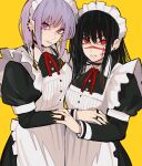  2girls absurdres apron black_hair black_nails bow bowtie chainsaw_man ear_piercing earrings fami_(chainsaw_man) highres jewelry looking_at_viewer maid_day multiple_girls multiple_moles piercing purple_eyes purple_hair red_bow red_bowtie red_eyes ringed_eyes sailen0 scar scar_on_face white_apron yellow_background yoru_(chainsaw_man) 