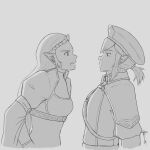  1boy 1girl amariaarts beret hat highres link long_hair looking_at_another medium_hair monochrome pointy_ears princess_zelda royal_guard_set_(zelda) short_ponytail sidelocks signature simple_background the_legend_of_zelda the_legend_of_zelda:_breath_of_the_wild 