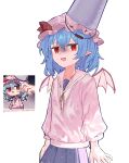  1girl absurdres ascot ayo_rimaisu bat_wings blue_hair blue_skirt bucket bucket_on_head hat hat_ribbon highres mob_cap object_on_head pink_hat pink_shirt red_ascot red_eyes reference_inset remilia_scarlet ribbon screenshot_inset shirt short_hair simple_background skirt touhou wings 