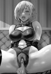  1boy 1girl bangs bare_shoulders blush breasts cleavage cleavage_cutout clothing_cutout collar crotch daraz18aka elbow_gloves fate/grand_order fate_(series) fingering gloves greyscale hair_over_one_eye hetero highleg highleg_leotard highres large_breasts leaning_back leotard looking_at_viewer mash_kyrielight metal_collar monochrome navel navel_cutout open_mouth short_hair solo_focus spread_legs thigh_strap thighs 