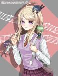  1girl 3boys ahoge akamatsu_kaede amami_rantaro backpack bag black_background black_hair black_jacket black_pants blonde_hair blush chibi chibi_inset chibi_on_head chibi_on_shoulder closed_mouth collared_shirt copyright_name cowboy_shot danganronpa_(series) danganronpa_v3:_killing_harmony grey_jacket grey_pants hair_ornament highres jacket long_sleeves multiple_boys musical_note musical_note_hair_ornament necktie oma_kokichi on_head pants pink_eyes pink_sweater_vest red_background red_necktie saihara_shuichi shirt smile sweater_vest tama_go_yaki 