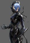  1girl arm_blade black_bodysuit blue_eyes blue_hair bodysuit breasts covered_navel ear_piercing grey_background highres kilye_kairi looking_at_viewer medium_breasts original piercing short_hair simple_background skin_tight skinsuit solo standing symbiote tentacles weapon 