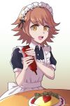  1boy :d apron black_dress black_ribbon brown_hair collared_dress cowboy_shot crossdressing danganronpa:_trigger_happy_havoc danganronpa_(series) dress food fujisaki_chihiro gradient_background hair_ribbon highres ketchup maid_headdress mondorian omelet orange_eyes otoko_no_ko puffy_short_sleeves puffy_sleeves ribbon short_sleeves smile solo table teeth upper_teeth_only white_apron 