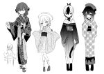  4girls alternate_costume aru_(blue_archive) blue_archive closed_mouth demon_horns greyscale hair_between_eyes haruka_(blue_archive) horns japanese_clothes kayoko_(blue_archive) kimono long_hair long_sleeves monochrome multiple_girls mutsuki_(blue_archive) nogiwa_kaede open_mouth shoes simple_background smile socks white_background wide_sleeves 