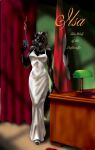  anthro big_breasts black_body black_fur blood bodily_fluids breasts canid canine canis cleavage clothed clothing dress ear_piercing evening_dress female footwear fur ilsa_klensch mammal piercing rjbartrop_(artist) sandals solo white_clothing white_dress wide_hips wolf 