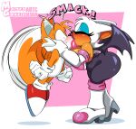 breasts clothing female footwear hi_res high_heels invalid_tag kissing lips mature_female miles_prower moisesgrafic onomatopoeia rouge_the_bat sega short_stack sonic_the_hedgehog_(series) sound_effects spinning_tails text thick_lips toony