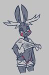 2024 2_horns angel_hare anthro antlers biped bottomwear breasts buckteeth clothed clothing cutoffs demon demon_lucy denim denim_bottomwear denim_clothing eyebrows fan_character female half-closed_eyes hand_on_hip hand_on_own_hip hare horn jackalope lagomorph leporid looking_aside mammal markings midriff narrowed_eyes red_clothing red_markings red_thong red_underwear shirt shorts simple_background skimpy solo soulcentinel spot_color standing teeth the_east_patch thong thong_straps tied_shirt topwear underwear