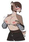  anthro areola armor blush bottomwear breasts brown_body brown_eyes brown_fur brown_hair chest_tuft clothed clothing deer female fur gauntlets gloves hair handwear hi_res holding_breast mammal medium_breasts nipples pants redxbacon smile solo tan_body tan_fur topless topless_anthro topless_female tuft 