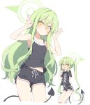 2girls black_shirt black_shorts black_tail blue_archive blush closed_mouth demon_tail fang green_hair green_halo halo highres hikari_(blue_archive) long_hair multiple_girls nozomi_(blue_archive) open_mouth pointy_ears satou_kibi shirt short_hair short_sleeves shorts siblings simple_background sisters skin_fang smile tail twins twintails white_background yellow_eyes 