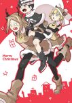  1boy 2girls angry animal_costume bell black_hair blonde_hair blue_eyes brown_hair carrying christmas cromo_(temple-island-a) death_the_kid elizabeth_thompson highres long_hair merry_christmas multiple_girls neck_bell patricia_thompson piggyback reindeer_costume soul_eater striped_hair yellow_eyes 