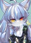  1boy :3 animal_ears aqua_background blue_fur blue_hair brown_jacket camouflage camouflage_jacket cat_boy cat_ears cowlick fur-trimmed_jacket fur_trim furry furry_male heterochromia highres jacket japan_air_self-defense_force_omaezaki_sub-base looking_at_viewer male_focus omaneko orange_eyes otoko_no_ko portrait smile snuq solo whiskers yellow_eyes 