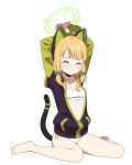  1girl animal_ear_headphones animal_ears arms_up ass barefoot black_jacket blonde_hair blue_archive blush bow bra breasts cat_tail closed_eyes closed_mouth fake_animal_ears full_body green_bow green_halo hair_bow halo headphones highres jacket long_sleeves midori_(blue_archive) panties partially_unzipped short_hair simple_background sitting sizque small_breasts solo tail toes underwear wariza white_background white_bra white_panties 