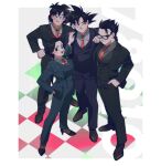  1girl 3boys black_suit chi-chi_(dragon_ball) cuuupo dragon_ball family father_and_son glasses hands_in_pockets husband_and_wife looking_at_viewer mother_and_son multiple_boys necktie red_necktie siblings son_gohan son_goku son_goten spiked_hair standing suit 