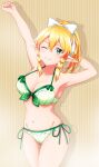  1girl armpits arms_up bikini blonde_hair bow bow_bikini bow_hairband breasts cleavage collarbone commentary_request cowboy_shot fairy_(sao) green_bikini green_eyes grin groin hair_between_eyes hairband highres ken-ji leafa looking_at_viewer medium_breasts navel one_eye_closed pointy_ears signature smile solo standing steam stomach striped_background sweat swimsuit sword_art_online twitter_username white_bow white_hairband yellow_background 
