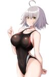  1girl absurdres ahoge alternate_costume bangs black_swimsuit breasts competition_swimsuit covered_navel cowboy_shot fate/grand_order fate_(series) highleg highleg_swimsuit highres jeanne_d&#039;arc_(alter)_(fate) jeanne_d&#039;arc_(fate)_(all) kohaku_teru large_breasts one-piece_swimsuit short_hair silver_hair simple_background solo swimsuit white_background yellow_eyes 