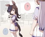 2girls ? animal_ears animal_on_head blue_headwear blush bow brown_hair bug cicada commentary eyebrows_visible_through_hair gold_ship_(umamusume) hair_over_one_eye hat hat_bow headgear highres horse_ears horse_girl horse_tail insect long_hair looking_at_another multiple_girls on_head pleated_skirt puffy_short_sleeves puffy_sleeves purple_bow purple_eyes purple_shirt rice_shower_(umamusume) school_uniform shirt short_sleeves skirt tail tail_bow tail_ornament thighhighs tilted_headwear tracen_school_uniform translated umamusume white_hair white_skirt yukie_(kusaka_shi) zettai_ryouiki 