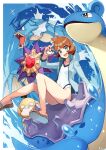  1girl :d bangs blue_eyes blurry brown_hair collarbone commentary_request covered_navel eyelashes gen_1_pokemon gyarados gym_leader highres holding holding_poke_ball inomata_konomu jacket lapras md5_mismatch misty_(pokemon) one-piece_swimsuit open_clothes open_jacket open_mouth poke_ball poke_ball_(basic) pokemon pokemon_(creature) pokemon_(game) pokemon_hgss psyduck riding riding_pokemon sandals shiny shiny_hair short_hair smile sparkle starmie swimsuit toes tongue upper_teeth water water_drop white_swimsuit 