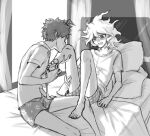  2boys ahoge bangs bed bedroom blush couple danganronpa_(series) danganronpa_2:_goodbye_despair dress_shirt greyscale hinata_hajime holding_leg indoors kissing_leg komaeda_nagito male_focus male_underwear messy_hair monochrome multiple_boys necktie on_bed open_mouth pillow plaid print_shirt shirt short_hair short_sleeves sitting striped underwear yandr4hope yaoi 