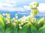  1girl bangs blue_sky bob_cut closed_mouth cloud colored_skin commentary day flat_chest flower french_text gardevoir gen_3_pokemon green_hair green_skin hair_over_one_eye hands_together happy holding holding_flower lily_of_the_valley looking_to_the_side lotosu multicolored multicolored_skin outdoors pokemon pokemon_(creature) red_eyes short_hair sky smile solo standing translated two-tone_skin white_flower white_skin 
