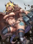  1girl abs bad_arm belt black_legwear blonde_hair blue_eyes blurry blurry_background braid breasts cape dragon_girl dragon_horns dragon_tail facial_tattoo floating_rock fur_cape hammer holding holding_hammer holding_weapon horns large_breasts leg_garter long_hair muscular muscular_female niur open_mouth original scar scar_on_chest scar_on_stomach shin_guards side_braid smile solo tail tattoo thigh_tattoo thighhighs weapon 