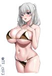  1girl artist_name bare_shoulders bikini blue_eyes blush breasts collarbone cropped_legs gold_bikini grey_hair groin hair_between_eyes hand_on_own_chest hands_up highres kantai_collection kashima_(kancolle) looking_at_viewer medium_hair navel one-hour_drawing_challenge open_mouth sidelocks simple_background skindentation solo strap_gap swimsuit teeth tf_cafe thighs twitter_username two_side_up underboob upper_teeth_only white_background 