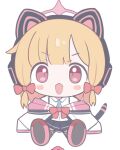 1girl animal_ear_headphones animal_ears atat250 blonde_hair blue_archive blue_necktie blue_skirt blush_stickers bow cat_ear_headphones cat_tail chibi collared_shirt fake_animal_ears hair_bow halo headphones jacket long_sleeves looking_at_viewer low-tied_sidelocks momoi_(blue_archive) necktie open_mouth pink_halo red_eyes shirt simple_background sitting skirt sleeves_past_fingers sleeves_past_wrists solo tail white_background white_jacket white_shirt 