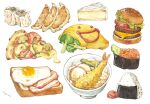  bacon bowl bread bread_slice broccoli burger cake cake_slice cheese dumpling egg_(food) food food_focus fried_egg ketchup lettuce meat momonga311036 mushroom no_humans omelet omurice onigiri original painting_(medium) pizza rice roe shrimp shrimp_tempura tempura toast tomato traditional_media watercolor_(medium) white_background 