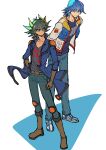  2boys absurdres black_hair black_shirt blonde_hair blue_hair blue_jacket blue_pants blue_shirt boots brown_footwear bruno_(yu-gi-oh!) denim facial_mark fudo_yusei full_body green_pants highres jacket male_focus multicolored_hair multiple_boys pants purple_eyes shirt spiked_hair streaked_hair two-tone_hair white_jacket youko-shima yu-gi-oh! yu-gi-oh!_5d&#039;s 