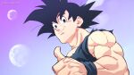  1boy aka_nobodyy black_eyes black_hair dragon_ball dragon_ball_z full_moon goku_day highres looking_at_viewer male_focus medium_hair moon multiple_moons muscular muscular_male smile solo son_goku spiked_hair thumbs_up upper_body 